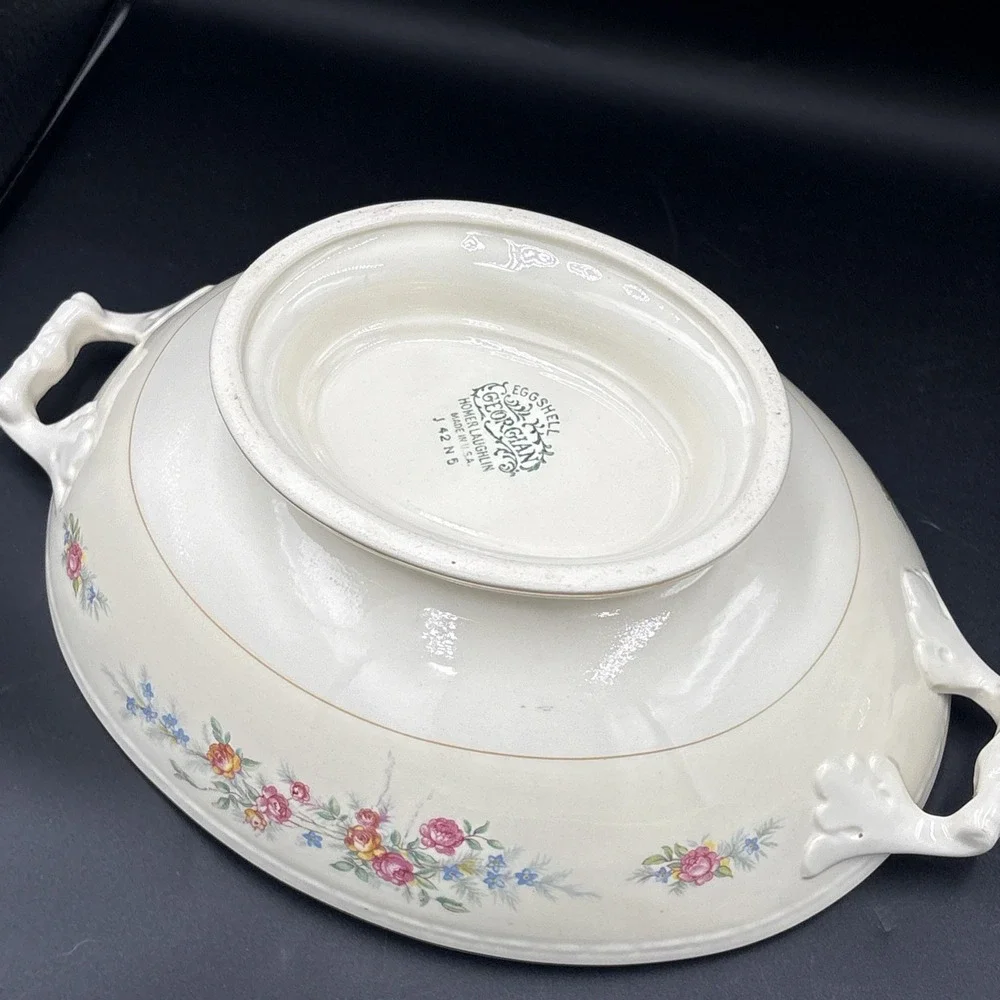 Homer Laughlin GEORGIAN  EGGSHELL Roses Covered Casserole + Oval Serving Bowl